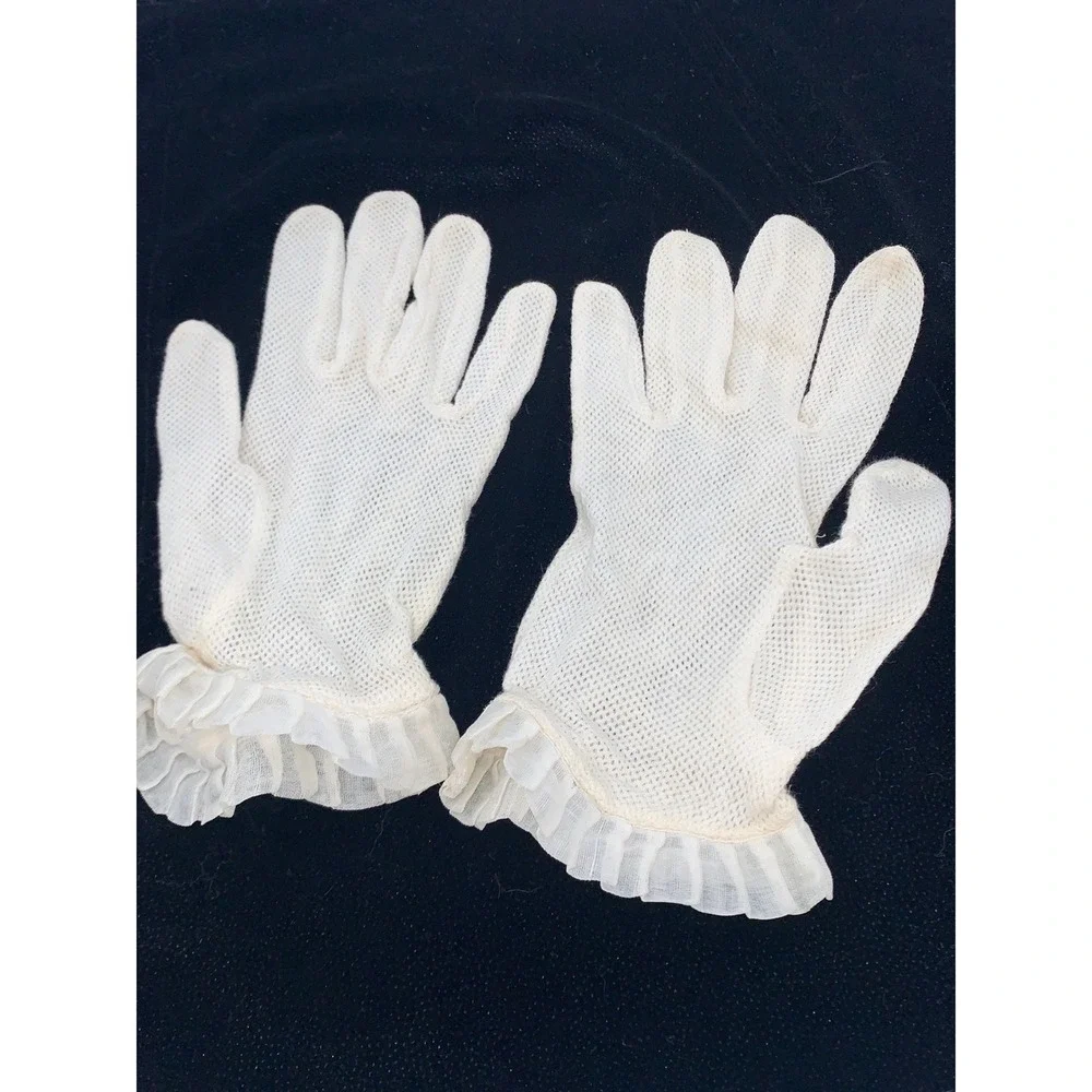 Vintage 1950s Ivory Mesh Crochet Gloves Sheer Ruffle Cuffs Tea Party Church
